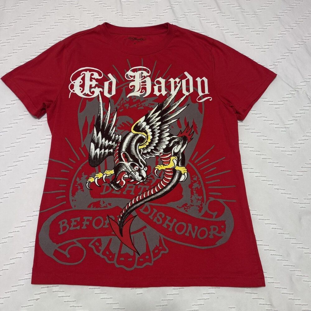 Ed Hardy "Death Before Dishonor" Men's Small Red Graphic Tee NWOT Y2K Grunge